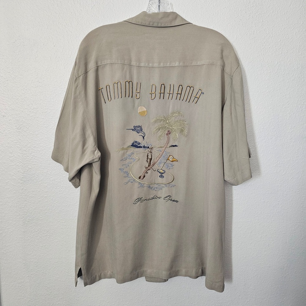 Tommy Bahama Mens Silk Camp Shirt Paradise Open Embroidered Khaki Tan Size Med